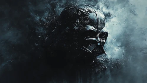 Fragmenting black helmet rendered in high contrast digital smoke field