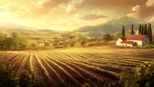 Golden country farmhouse beside sunlit rolling fields.