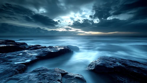 Moody seascape with long‑exposure waves and storm clouds.