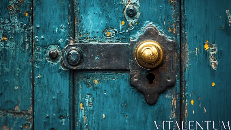 Weatherworn teal door with stubborn brass guardian knob.