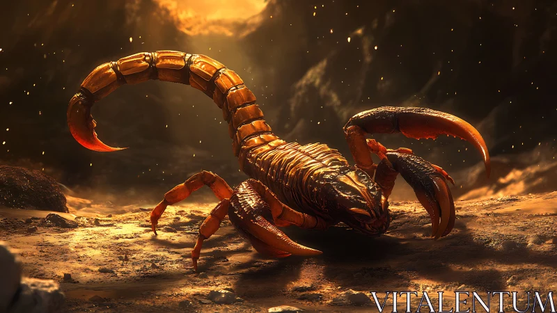 Hyperreal desert scorpion under dramatic rim lighting advances