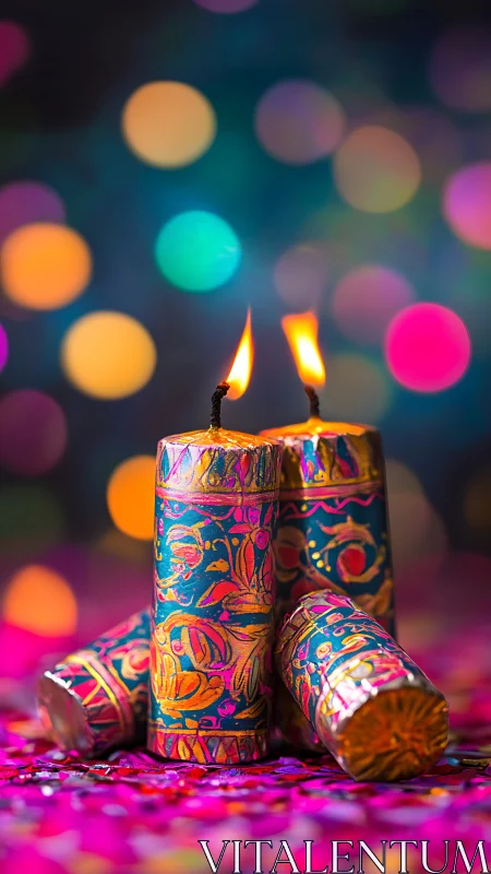 Vibrant patterned candles burn against defocused bokeh lights