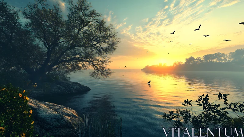 Sunrise hush over glassy lake and drifting shore birds.