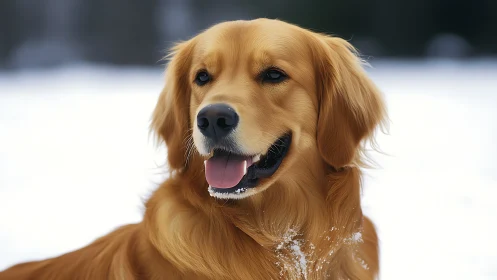 Golden retriever smiles warmly while winter snowlight shimmers