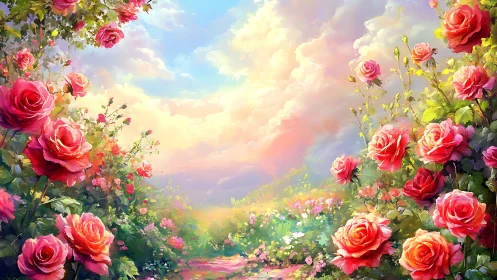 High-saturation rose garden under luminous pastel sunrise sky