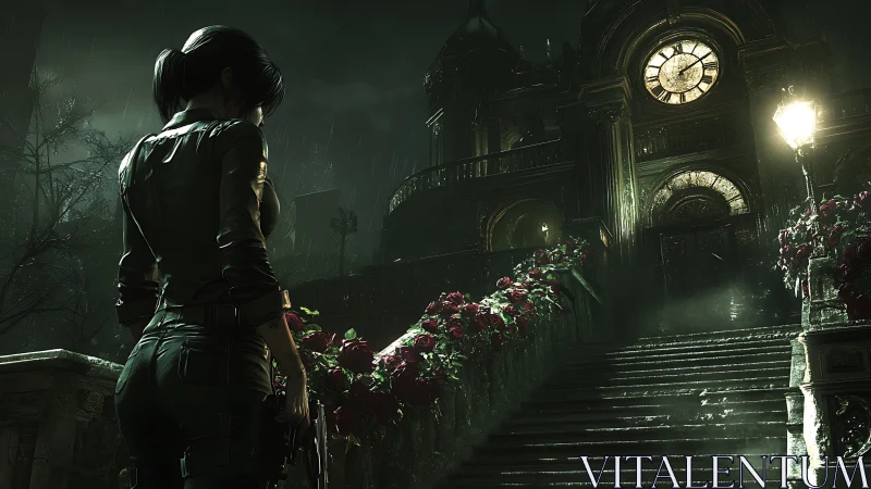 Armed woman confronts rainlit gothic mansion staircase at night.