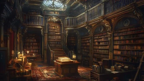 Grand digital library hall with ornate shelves and light.
