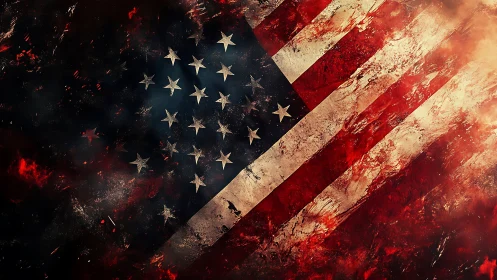 Weathered American Flag Digital Composite with Fire Effects.