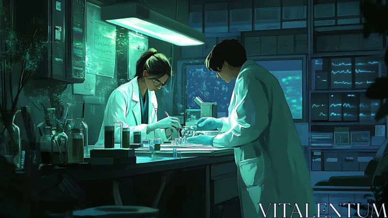 Scientists work under lab hood amid teal backlit equipment