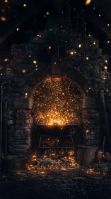 Furnace opening emitting sparks and glowing particles at night