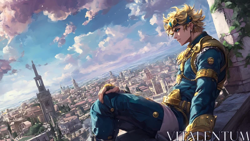 Golden haired hero rests above a sunlit fantasy city
