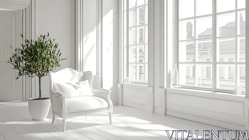 White minimal interior with armchair, potted tree and daylight.
