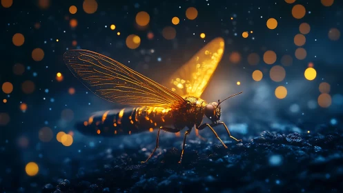 Golden firefly glows gently against a dreamy night sky