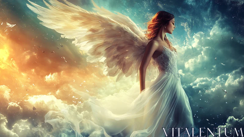 Winged female figure in flowing dress amid divided sky.