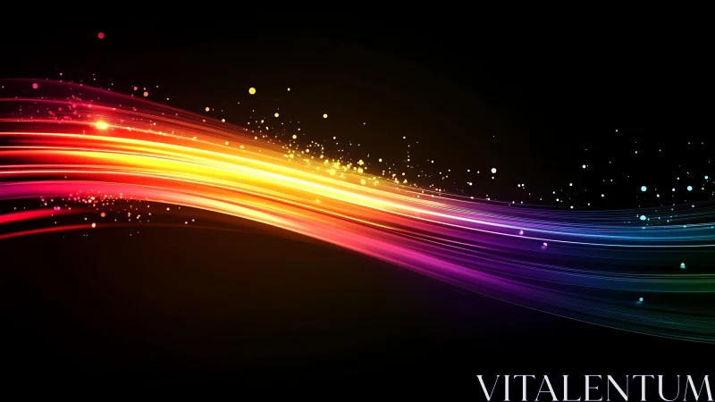 Curved multicolor light streaks traverse a black background