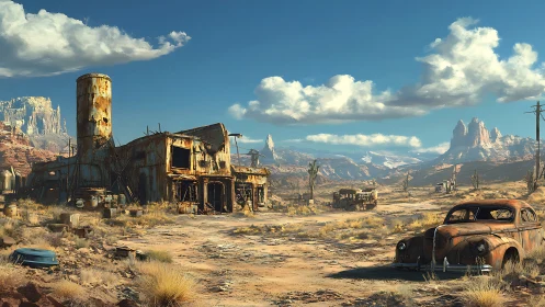 Desert wasteland highway with rusted refinery ruins and car.