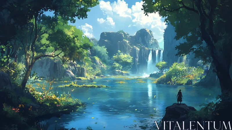 Solitary figure by river beneath cliffs and distant waterfall.