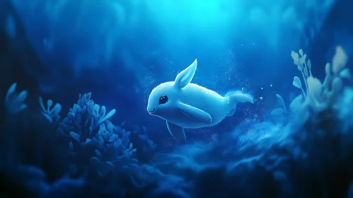Cute white sea creature glides through glowing blue ocean.