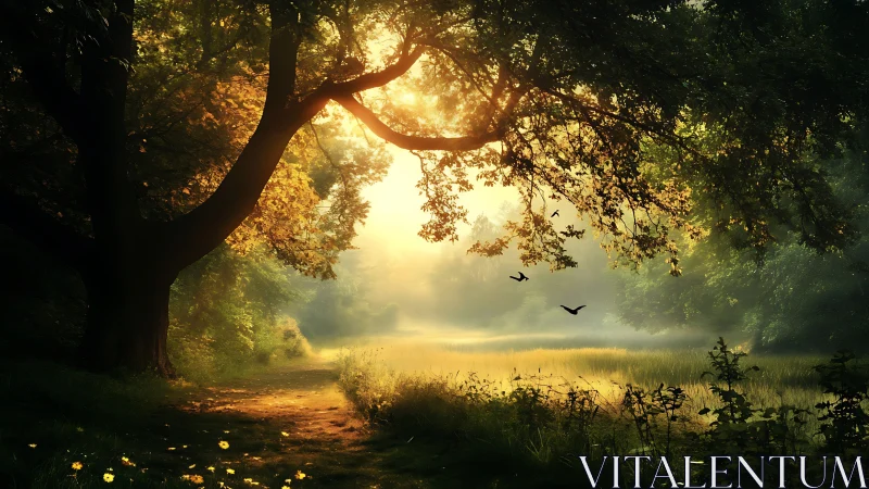 Ancient Tree Welcomes Dawn in a Golden Forest Sanctuary.