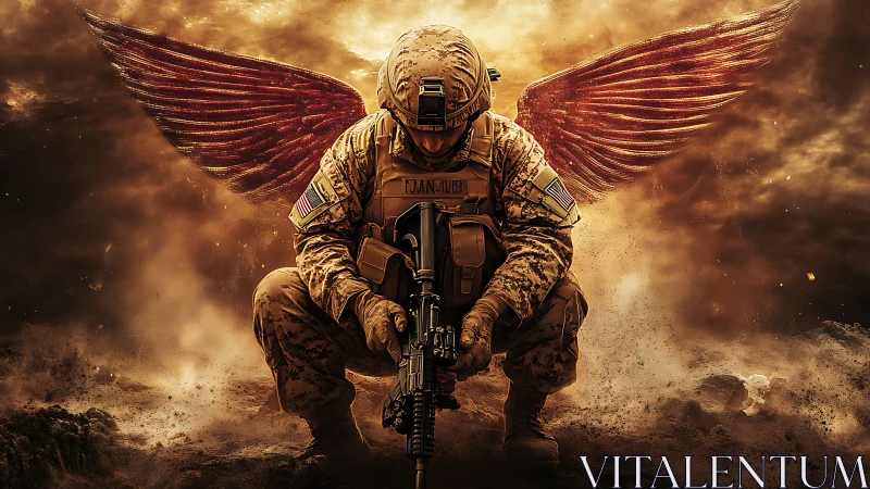 Winged warrior kneels in burning storm of battlefield dusk.