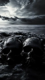 Two human skulls rest in dark surf beneath storm clouds