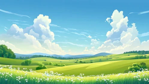 Sunlit rolling meadows under towering summer clouds.