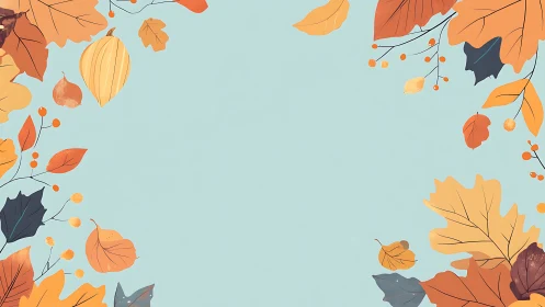 Cozy autumn leaves frame with soft sky blue background.