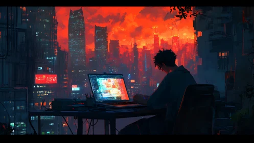 Lone coder studies neon code under burning cyberpunk sky.