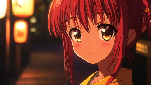 Warm lantern-lit anime girl portrait in evening street scene.