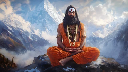 Bearded monk meditating in orange robes in snowy mountains.