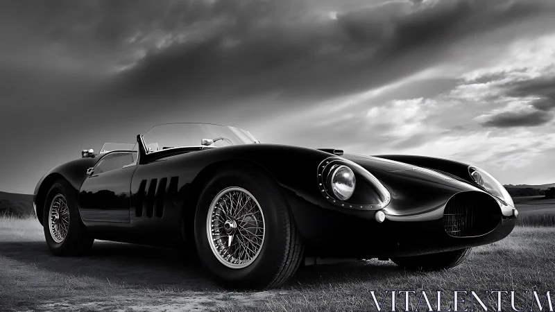 Monochrome low-angle portrait of vintage sports roadster car