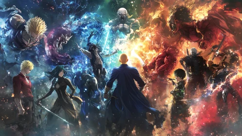 Central swordsman facing opposing elemental warrior factions.