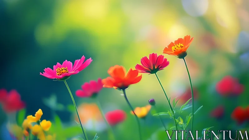 Wild garden flowers glow softly in dreamy morning light