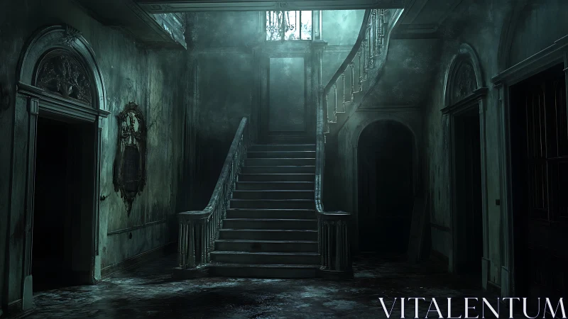 Decaying grand staircase in fog-filled haunted interior.