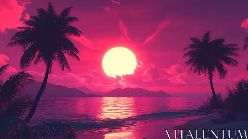 Dreamy neon sunset over a calm tropical shoreline.