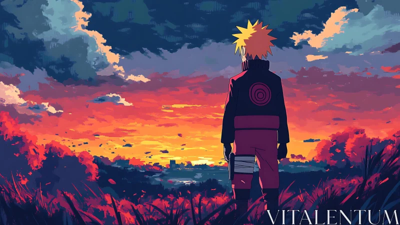 Sunset sentinel with spiky hair guards a burning horizon.