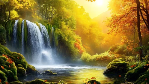 Sunlit forest waterfall and river in vivid autumn colors