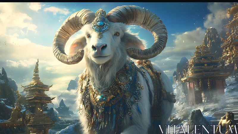 Majestic jeweled ram strides through mystical mountain temples.