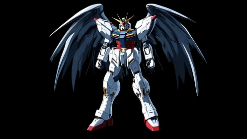 Winged humanoid mecha with articulated armor arrays on black.