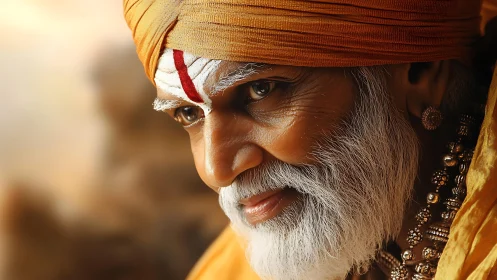 Elderly sage in saffron turban with intricate facial marking.