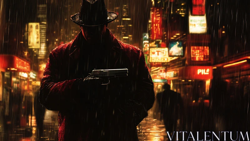 Silhouetted gunman stands in rain on neon city street