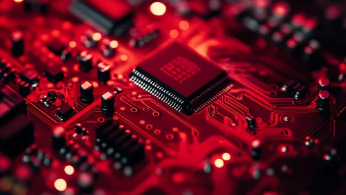 Crimson circuit realms crowned by a glowing microchip core.