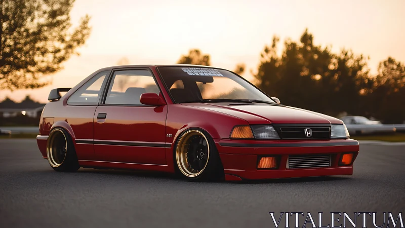 Sunset-lowered Honda coupe with stance-tuned aero profile.