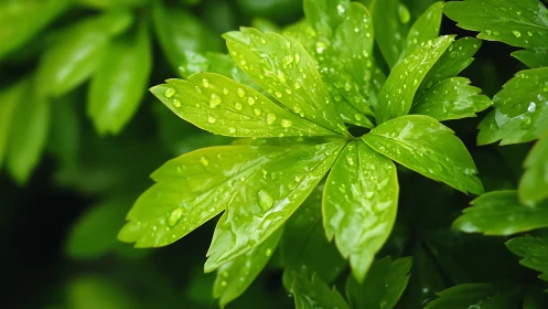 Rain-kissed green leaves in a lush morning emerald whirlpool.