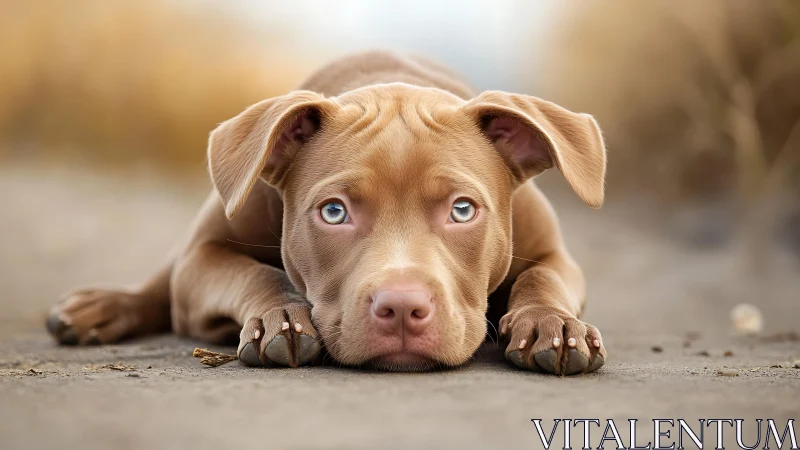 Blue-eyed puppy portrait on ground with soft bokeh background.