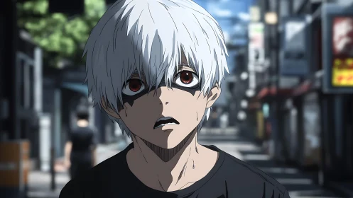 Anxious white haired boy pauses on a sunlit city street.
