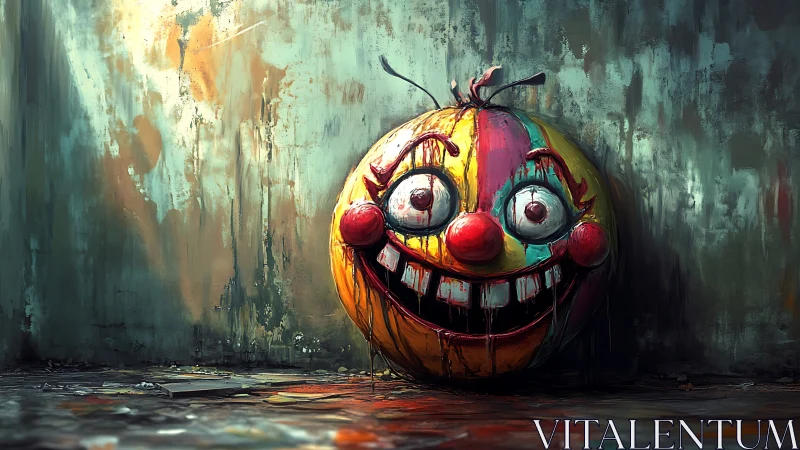 Grinning clown balloon decays in a grimy urban corner.