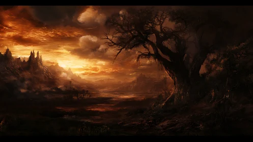Burning horizon over twisted wasteland and skeletal tree.