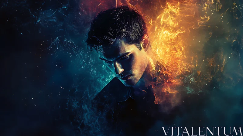 Brooding man emerges between blue smoke and blazing fire