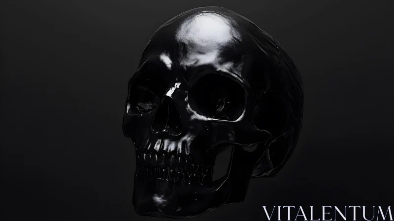 Shiny Black Human Skull on Dark Background, Digital Art Style.